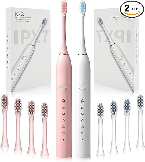 Photo 1 of 2 Pack Sonic Rechargeable Electric Toothbrush for Adults and Kids, Whitening Toothbrush with 8 Replacement Heads, 6 Cleaning Modes and Auto Timer, Breath Freshening Toothbrushes Set (Pink & White)