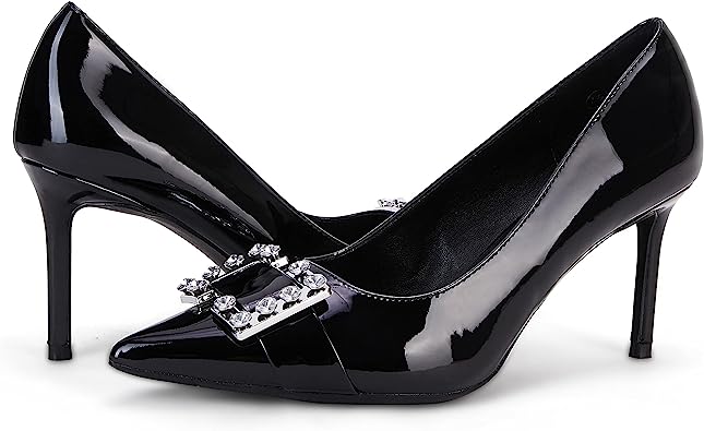 Photo 1 of Coutgo Women's Stiletto Heels Pumps Closed Pointed Toe Wedding Party Dress Shoes Faux Leather Slip On Pump with Rhinestone Buckle 7