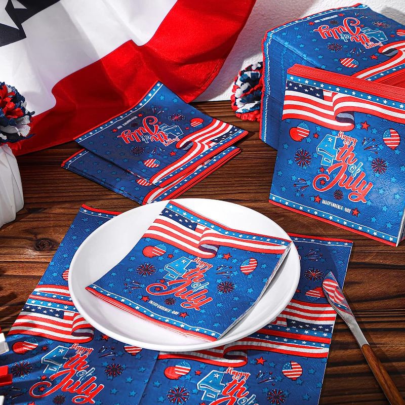 Photo 1 of 200 Pcs American Flag Patriotic Party Supplies 4th of July Disposable Cocktail Paper Napkins Red Blue White American Flag Napkins for USA Theme Party Dinner Veterans Day Election Day Independence Day