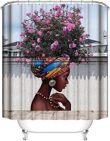 Photo 1 of Afro Shower Curtain for Bathroom - Waterproof Fabric Shower Curtain - African American Shower Curtains - Beautiful Girl Themed, 72 x 72 Inches