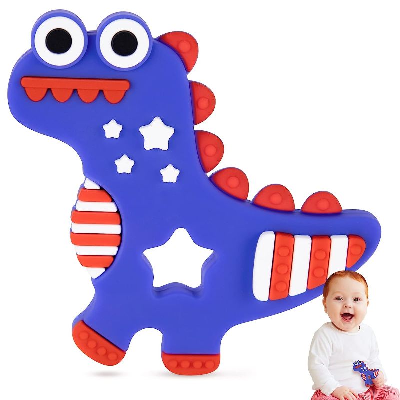 Photo 1 of 4th of July Silicone Baby Teething Toys for Babies 6-12 Months, Red White & Blue Dinosaur Baby Teether Toy Teething Pain Relief Baby Chew Toy 3 Months, Infant Toys for Boys Girls 4th of July Gifts
