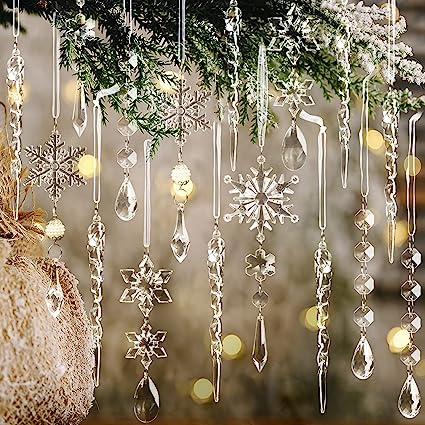 Photo 1 of 18pcs Christmas Tree Decoration Crystal Ornaments - Hanging Acrylic Christmas Snowflake Icicle Drop Crystal Ornaments for Christmas Tree Winter New Year Party Supplies