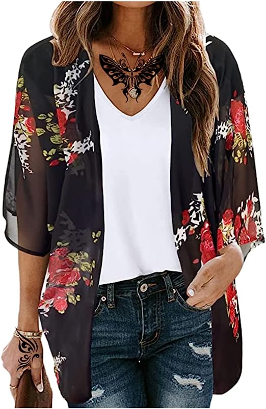 Photo 1 of Fussangshu Women's Floral Print Puff Sleeve Kimono Cardigans Chiffon Casual Loose Open Front Cover Tops Cardigan Blouse XL