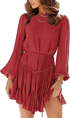 Photo 1 of ANRABESS Women's 2023 Spring Summer Crewneck Puff Sleeve Babydoll Dress Ruffle Tiered A-Line Flowy Skater Mini Dress SIZE L