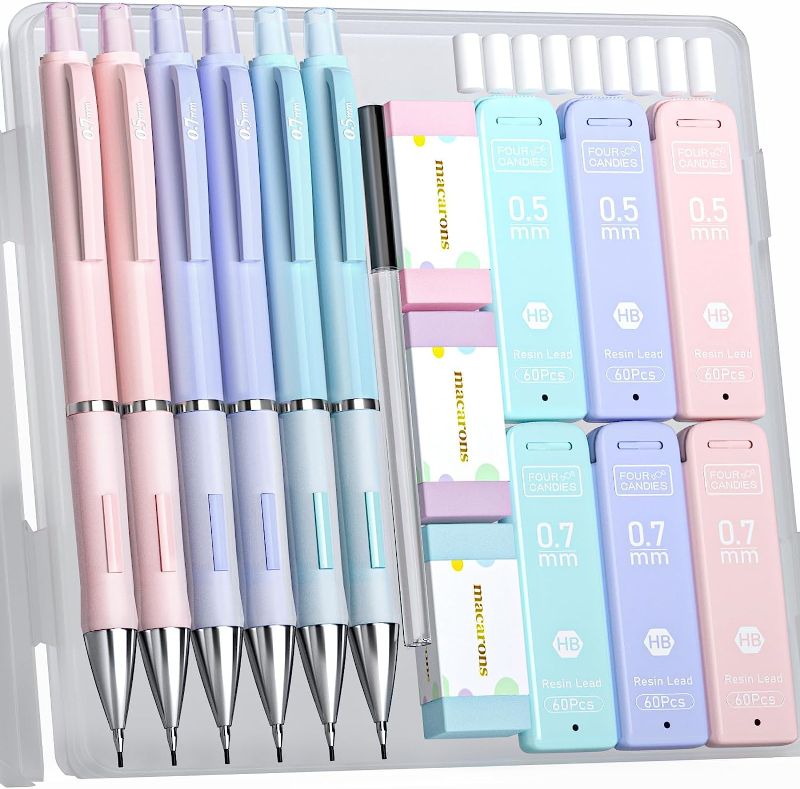 Photo 1 of FourCandies Pastel Mechanical Pencil Set - 6PCS 0.5mm&0.7mm Mechanical Pencils with 360PCS HB Lead Refills, 3PCS Erasers and 9PCS Eraser Refills, Cute Colored Mechanical Pencils for Drawing & Writing