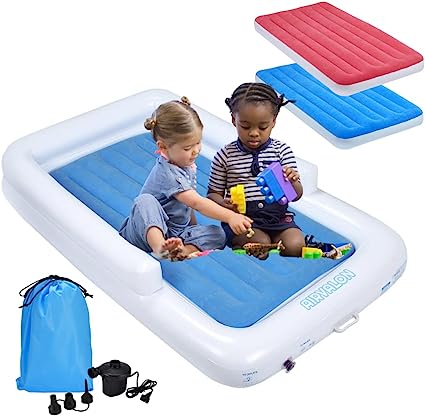 Photo 1 of Airvalon Inflatable Toddler Travel Bed with Fitted Bed Sheet + Pump | Portable Toddler Bed for Kids | Toddler Air Mattress | Kids Air Mattress - Blue