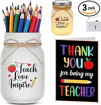 Photo 1 of 3 Pcs Teacher Appreciation Gift Set Includes Mason White Painted Decorative Jars Pencil Holder with Light Teacher Appreciation Card for Teacher Birthday Graduation Thank You Gifts (Love Inspire)
