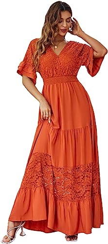 Photo 1 of Simplee Women V Neck Formal Lace Maxi Dress Ruffle Flowy Short Sleeve Boho Wedding Guest Party Summer Long Dress XL 