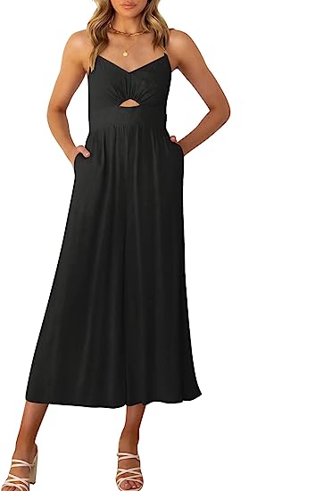 Photo 1 of ANRABESS Women's Summer Spaghetti Straps V Neck Cutout Smocked High Waist Wide leg Jumpsuits Rompers with Pockets XL