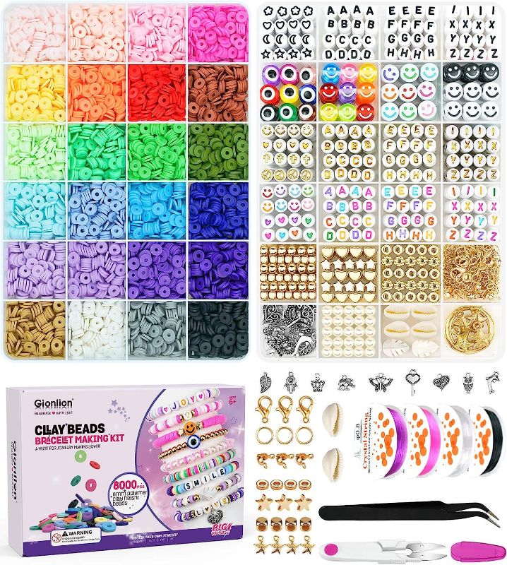 Photo 1 of Gionlion 8000 Pcs Clay Beads Kit for Bracelet Making, 2 Boxes 24 Colors Flat Clay Beads Letter Beads Spacer Beads and Charms Kit for Jewelry Making, Jewelry Supplies Crafts Gift for Teen Girls Adults