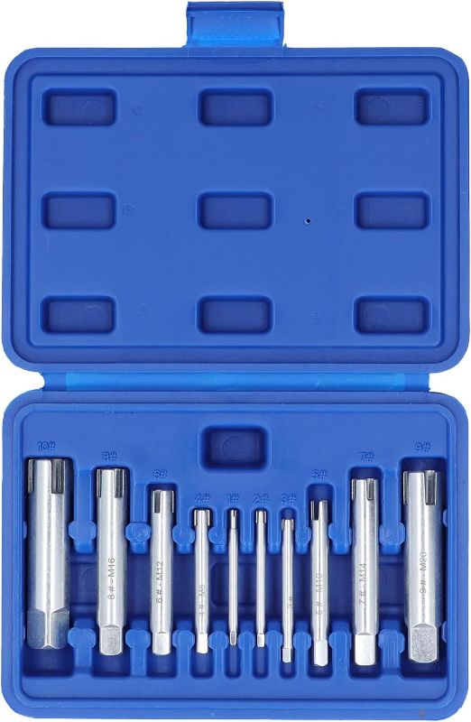 Photo 1 of 10Pcs Tap Extractor, Screw Extractor Set Easy Out Damaged Drill Bits Set Speed Steel Broken Head Screw Remover Set Kit with Storage Box