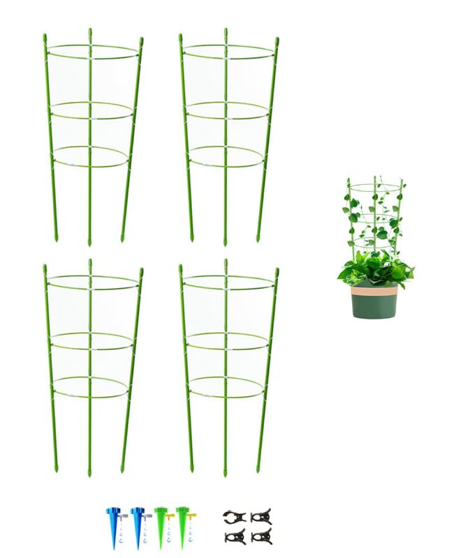 Photo 1 of 4 Pack Garden Plant Support Tomato Cage, Upgrade 18" Trellis for Climbing Plants, Plant Trellis Kits with 4 Self Watering Spikes and 20 Plant Clips (18")