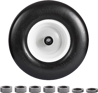 Photo 1 of 13x5.00-6" Flat Free Lawn Mower Tire, Zero Turn Mower Front Tire,Lawn Garden Turf Solid Tire and Wheel Assembly with Steel Rim, 3/4" Grease Bushing and 3.25"-5.9" Centered Hub, 1 pack
