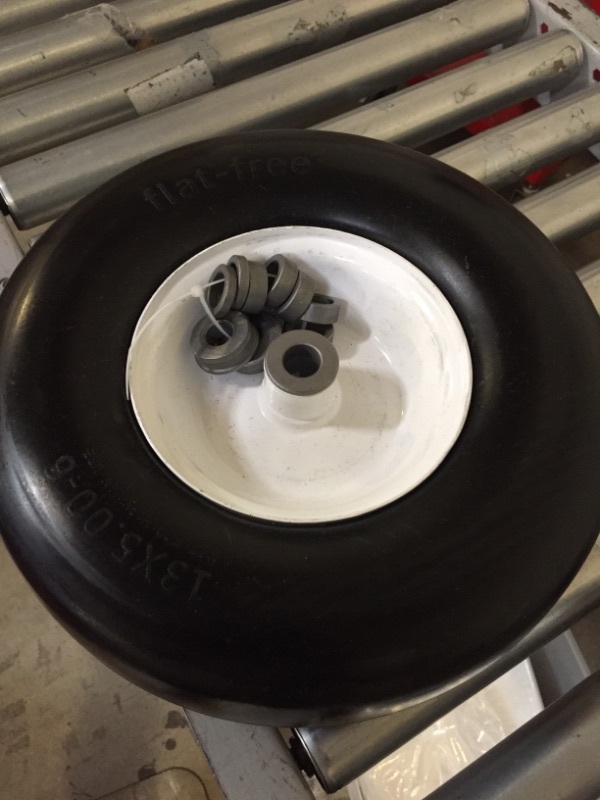 Photo 2 of 13x5.00-6" Flat Free Lawn Mower Tire, Zero Turn Mower Front Tire,Lawn Garden Turf Solid Tire and Wheel Assembly with Steel Rim, 3/4" Grease Bushing and 3.25"-5.9" Centered Hub, 1 pack
