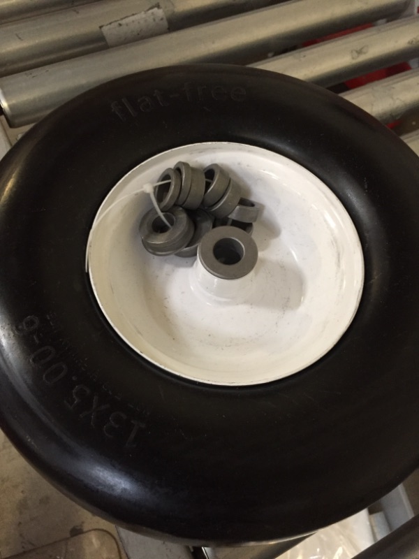 Photo 2 of 13x5.00-6" Flat Free Lawn Mower Tire, Zero Turn Mower Front Tire,Lawn Garden Turf Solid Tire and Wheel Assembly with Steel Rim, 3/4" Grease Bushing and 3.25"-5.9" Centered Hub, 1 pack
