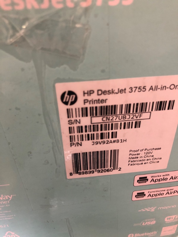 Photo 4 of HP DeskJet 3755 Compact All-in-One Wireless Printer (J9V92A)| N9K04AN & 65 Black/ | T0A36AN Seagrass Printer