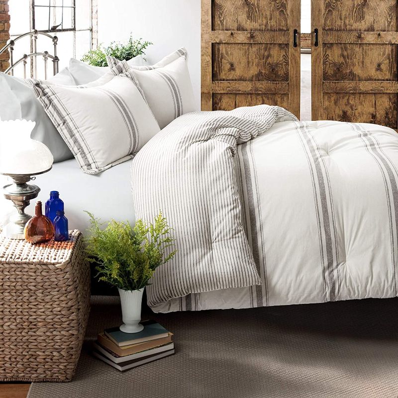 Photo 1 of Lush Decor Farmhouse Stripe 3 Piece Reversible Comforter Bedding Set, King, Gray
