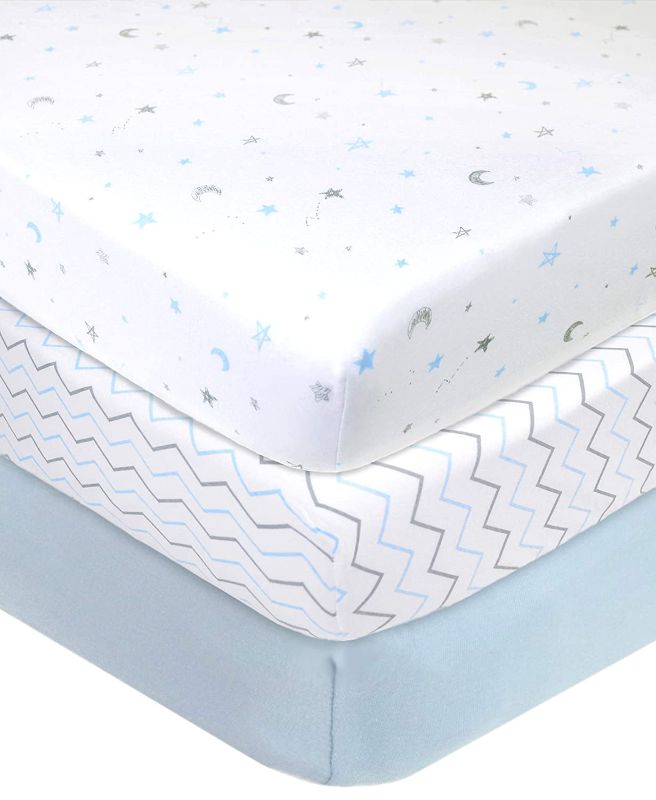 Photo 1 of American Baby Company 100% Natural Cotton Value Jersey Knit Fitted Portable/Mini-Crib Sheet, Blue Star/Zigzag, 24" x 38" x 5", Soft Breathable, for Boys and Girls, Pack of 3
