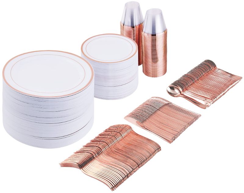 Photo 1 of 300Piece Rose Gold Dinnerware Set–Disposable Gold Plastic Dinnerware Set for Party or Wedding