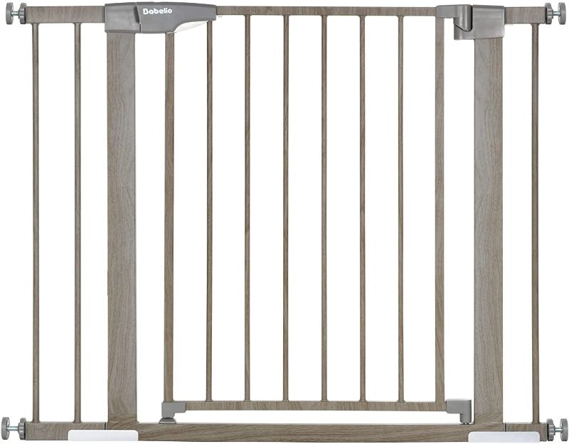 Photo 1 of Mom's Choice Award Winner-BABELIO 29-40" Metal Baby Gate with Grey Wood Pattern, Easy Install Pressure Mounted Dog Gate, Ideal for Stairs and Doorways, with Wall Protectors and Extenders
