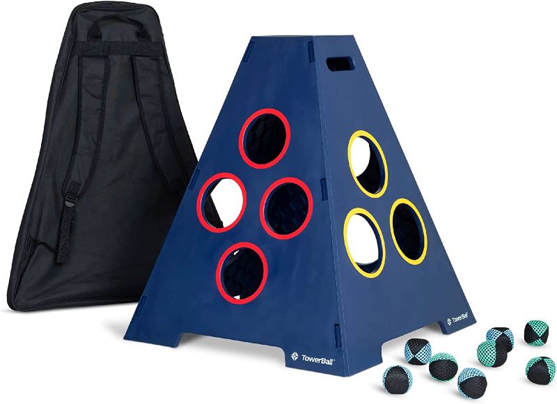 Photo 1 of Caliber Games TowerBall Bundle - Backyard, Lawn, Beach & Tailgate Game - Great for All Ages & Group Sizes - Includes Collapsible Tower, 8 Balls (4 Green and 4 Blue), and a Premium Backpack
