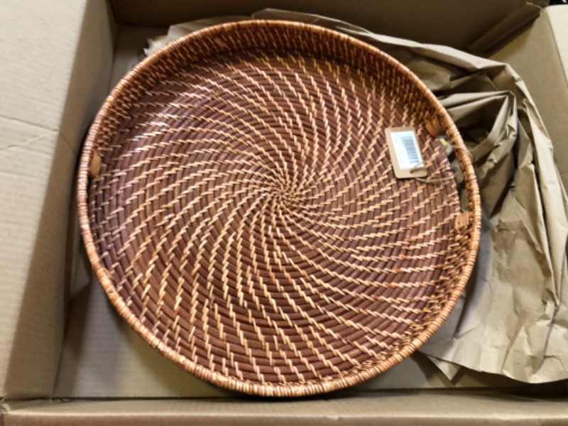 Photo 2 of 16.9 inch Rattan Tray, Round Wicker Tray with Cut-Out Handles, Woven Serving Tray for Dining/Coffee Table 16.9 inch (43cm)