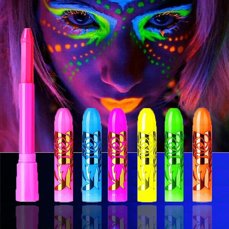 Photo 1 of Glow in The Black Light Face & Body Paint, UV Neon Glow Fluorescent Face Paint Crayons for Halloween Club Makeup Xmas Glow Party
