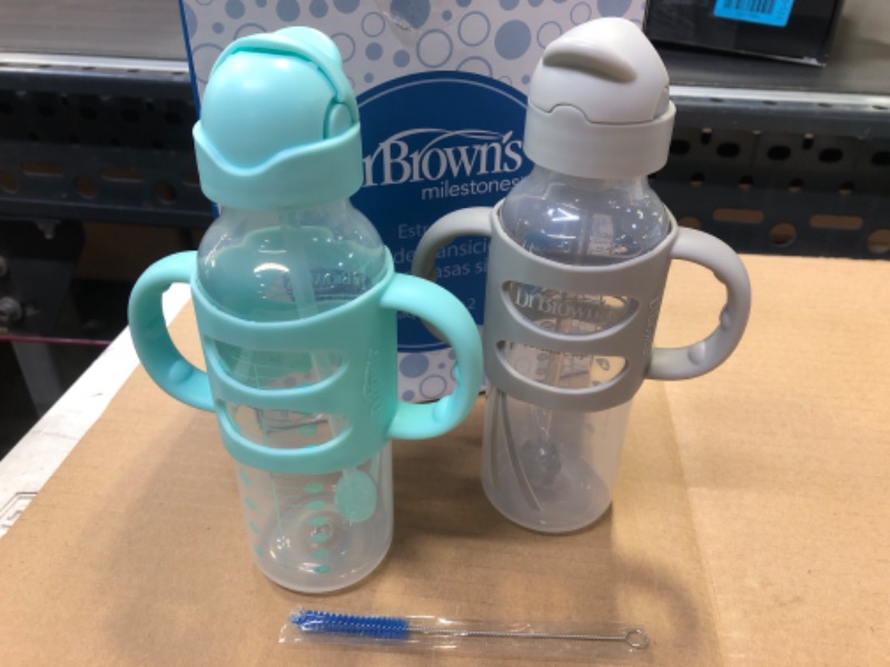 Photo 2 of Dr. Brown’s® Milestones™ Narrow Sippy Straw Bottle with 100% Silicone Handles, 8oz/250mL, Gray & Green, 2 Pack, 6m+ 2 Pack, 8 oz, Gray & Green