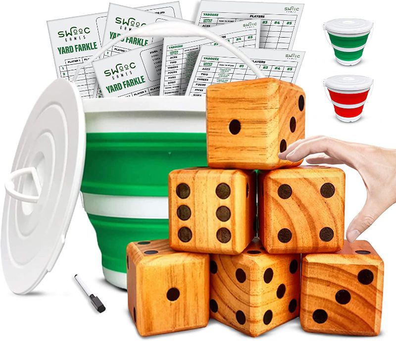 Photo 1 of SWOOC Games - Yardzee, Farkle & 20+ Games - Light-Weight Yard Dice Game Set (All Weather) with Collapsible Bucket, 5 Big Laminated Score Cards, and Marker (Choose 2.5in or 3.5in Dice) Yard Games
