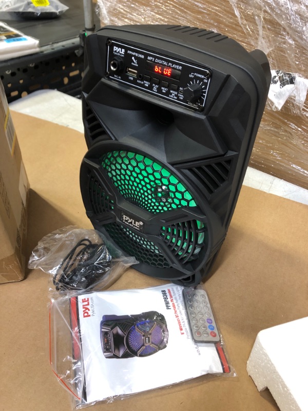 Photo 2 of Portable Bluetooth PA Speaker System - 300W Rechargeable Indoor/Outdoor Bluetooth Portable PA System w/ 8” Subwoofer 1” Tweeter, Microphone In, Party Lights, MP3/USB, Radio, Remote - Pyle PPHP836B