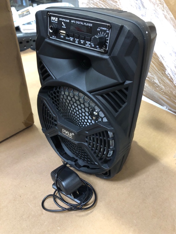 Photo 1 of Portable Bluetooth PA Speaker System - 300W Rechargeable Indoor/Outdoor Bluetooth Portable PA System w/ 8” Subwoofer 1” Tweeter, Microphone In, Party Lights, MP3/USB, Radio, Remote - Pyle PPHP836B
