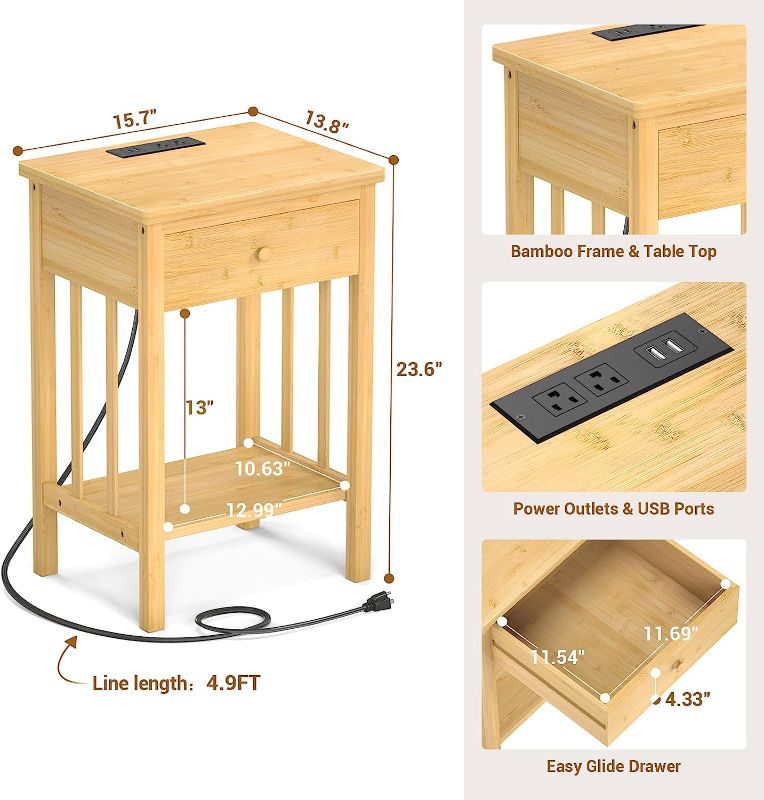 Photo 1 of 2--Homykic Nightstand with Charging Station, Bamboo Nightstands  