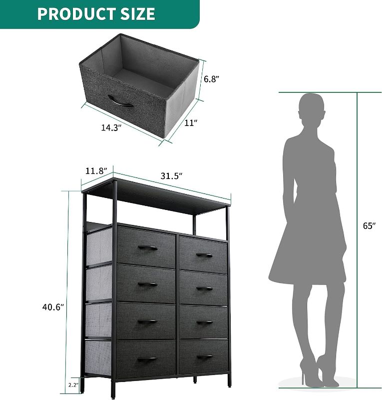Photo 2 of YITAHOME 8-Drawer Fabric Dresser with Shelves, Furniture Storage Tower Cabinet, Organizer for Bedroom, Living Room, Hallway, Closet, Sturdy Steel Frame, Wooden Top, Easy Pull Fabric Bins(Black Grey)
