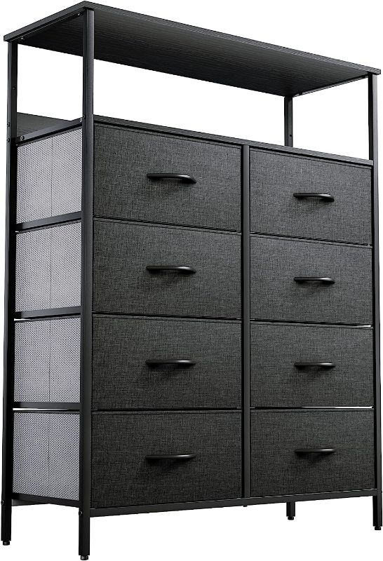 Photo 1 of YITAHOME 8-Drawer Fabric Dresser with Shelves, Furniture Storage Tower Cabinet, Organizer for Bedroom, Living Room, Hallway, Closet, Sturdy Steel Frame, Wooden Top, Easy Pull Fabric Bins(Black Grey)
