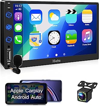 Photo 1 of Double Din Car Stereo Compatible with Carplay,7 Inch Full HD Capacitive Screen Stereo with External Mic-Subwoofer,Mirror Link,Backup Camera,Steering Wheel,Bluetooth AM/FM Car Radio Receiver