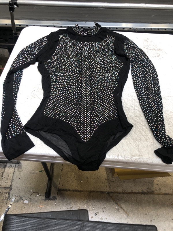 Photo 2 of BESTSPR Bodysuits for Women Black Iridescent Silver Rhinestone Studded Mock Neck Bodysuit MED