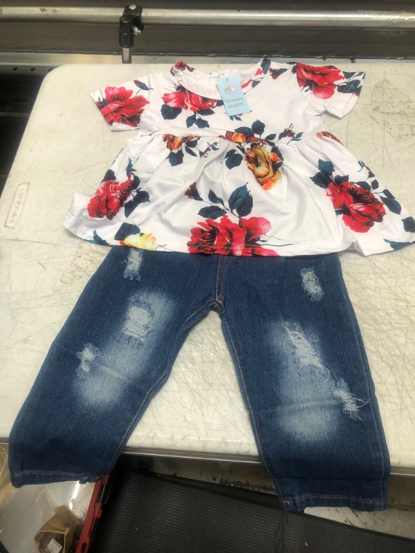 Photo 1 of SIZE 110     Derouetkia Girls Clothes Outfits Toddler Infant Baby Girl Floral Ruffle Tops Ripped Jeans Pants Sets