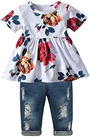 Photo 1 of SIZE 110     Derouetkia Girls Clothes Outfits Toddler Infant Baby Girl Floral Ruffle Tops Ripped Jeans Pants Sets