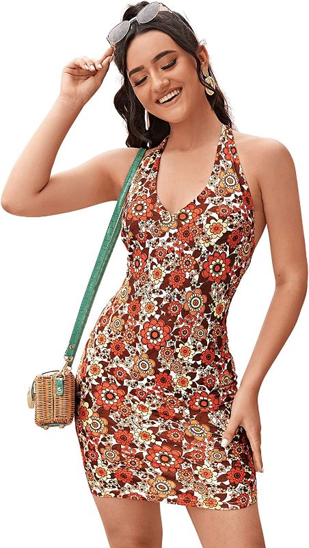Photo 1 of Floerns Women's Sleeveless Halter Backless Tie Back Floral Bodycon Mini Dress size med 