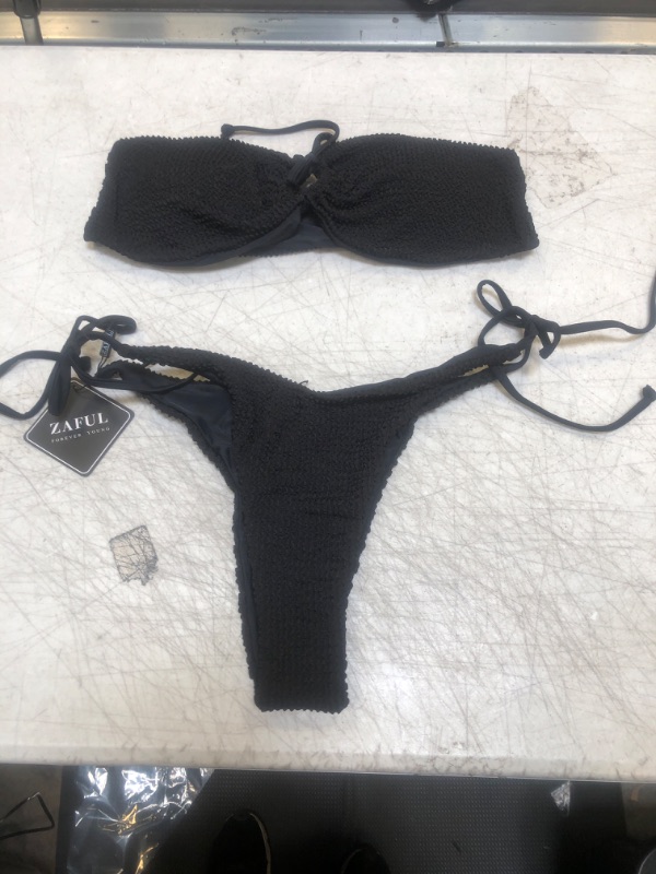 Photo 1 of 2 piece set swimwear SheIn Women's Smocked Bikini Bandeau Bathing Suits with Tie Side 2 Piece Swimsuits