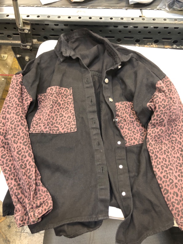 Photo 2 of Dokotoo Womens Contrast Leopard Denim Jacket Long Sleeve Button Down Shirts Boyfriend Oversized Blouses Tops SIZE S/M
