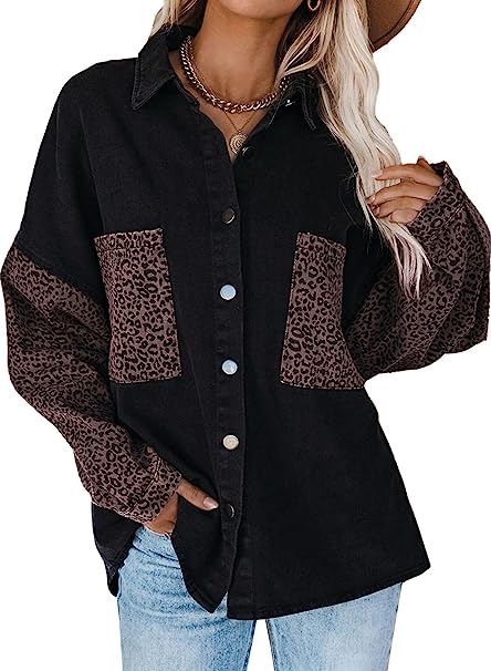 Photo 1 of Dokotoo Womens Contrast Leopard Denim Jacket Long Sleeve Button Down Shirts Boyfriend Oversized Blouses Tops SIZE S/M
