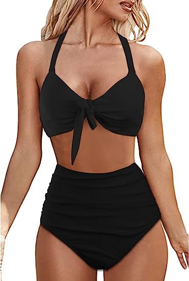 Photo 1 of LARGE    Women's Bikini Swimsuits Two-Piece Tummy Control Bathing Suits High Waisted Bikini Set Tie Knot Swimwear with Bottoms