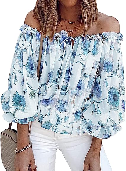 Photo 1 of Cocoarm Women Summer Blouse Off Shoulder Tops Floral Pattern Puff Sleeves Tunic Ruffle Sleeve Bell Sleeve Top T Shirt Chiffon(m-Blue)