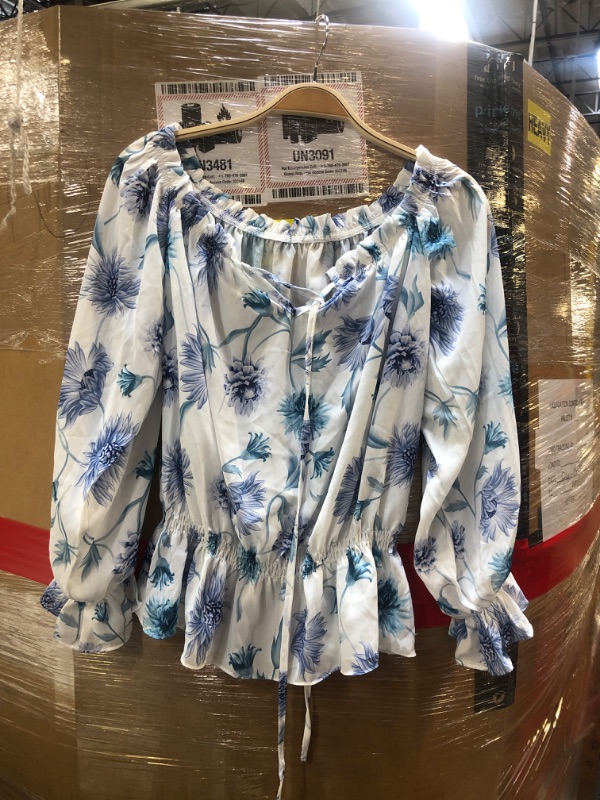 Photo 2 of Cocoarm Women Summer Blouse Off Shoulder Tops Floral Pattern Puff Sleeves Tunic Ruffle Sleeve Bell Sleeve Top T Shirt Chiffon(m-Blue)