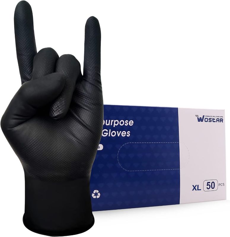 Photo 1 of Wostar Black Nitrile Industrial Gloves XLarge 8 Mil Pack of 50 Latex & Powder Free Diamond Texture Heavy Duty Black Nitrile Gloves
Color:Black Xlarge 8mil 50pcs