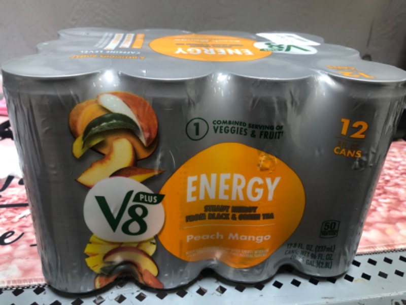 Photo 2 of 01-13-2024        V8 +ENERGY Peach Mango Energy Drink, Made with Real Vegetable and Fruit Juices, 8 FL OZ Can (Pack of 12) Single Flavor Peach Mango 8 Fl Oz (Pack of 12)