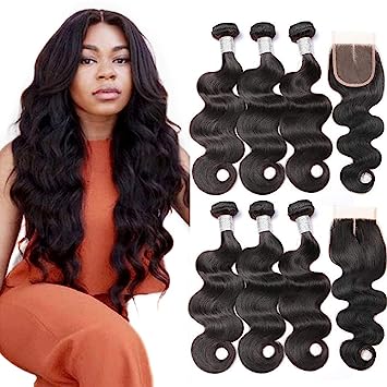 Photo 1 of Beauty Princess Brazilian Body Wave with Closure 10A Unprocessed Brazilian Hair 3 Bundles with Middle Part Closure Natural Black Human Hair Bundles With Closure(18 20 22with 16)