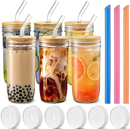 Photo 1 of 6 Pack Glass Cups Set - 24oz Mason Jar with Bamboo Lids and Glass Straw & 3 Airtight Lids - Cute Boba Drinking Glasses, Reusable Travel Tumbler Bottle for Iced Coffee, Smoothie, Bubble Tea, gift