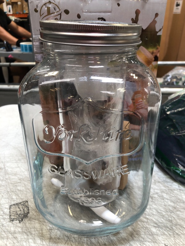 Photo 1 of 1 Gallon Glass Water Dispenser with Stainless Steel Spigot + Marker & Chalkboard, & Ice Cylinder - 100% Leakproof Beverage Dispenser Mason Jar Drink Dispenser Gallon Jug - Laundry Detergent Holder.